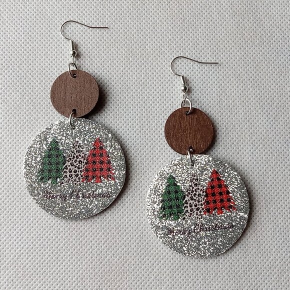 Christmas Holiday Earrings, Silver Glitter, Round Dangle Festive Earrings - Picture 4 of 4